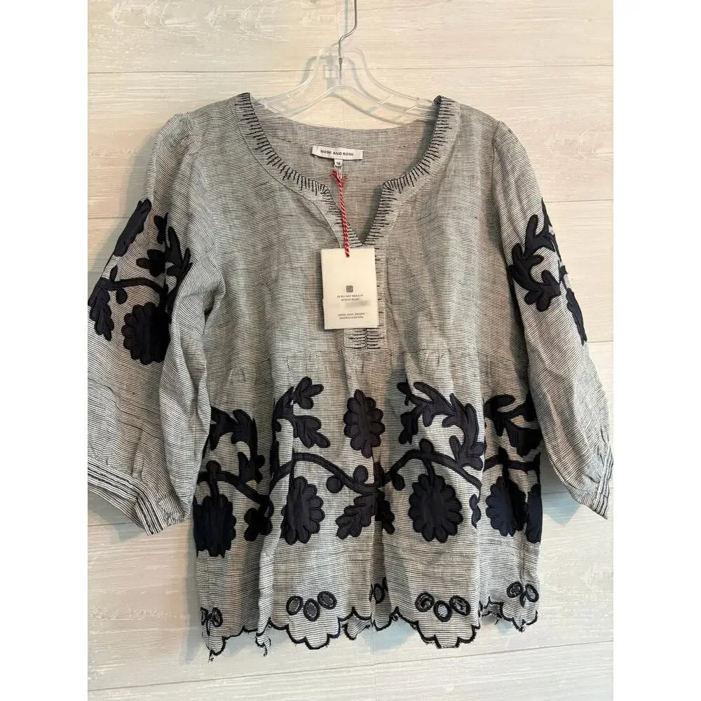 Rose & Rose Kitt Charcoal Trellis Applique Baloon Sleeve Top - Picture 2 of 8